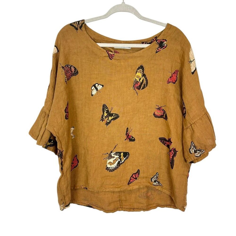 Viola Borghi Blouse Womens Medium mustard Linen Butterfly Print Bell Sleeve tan